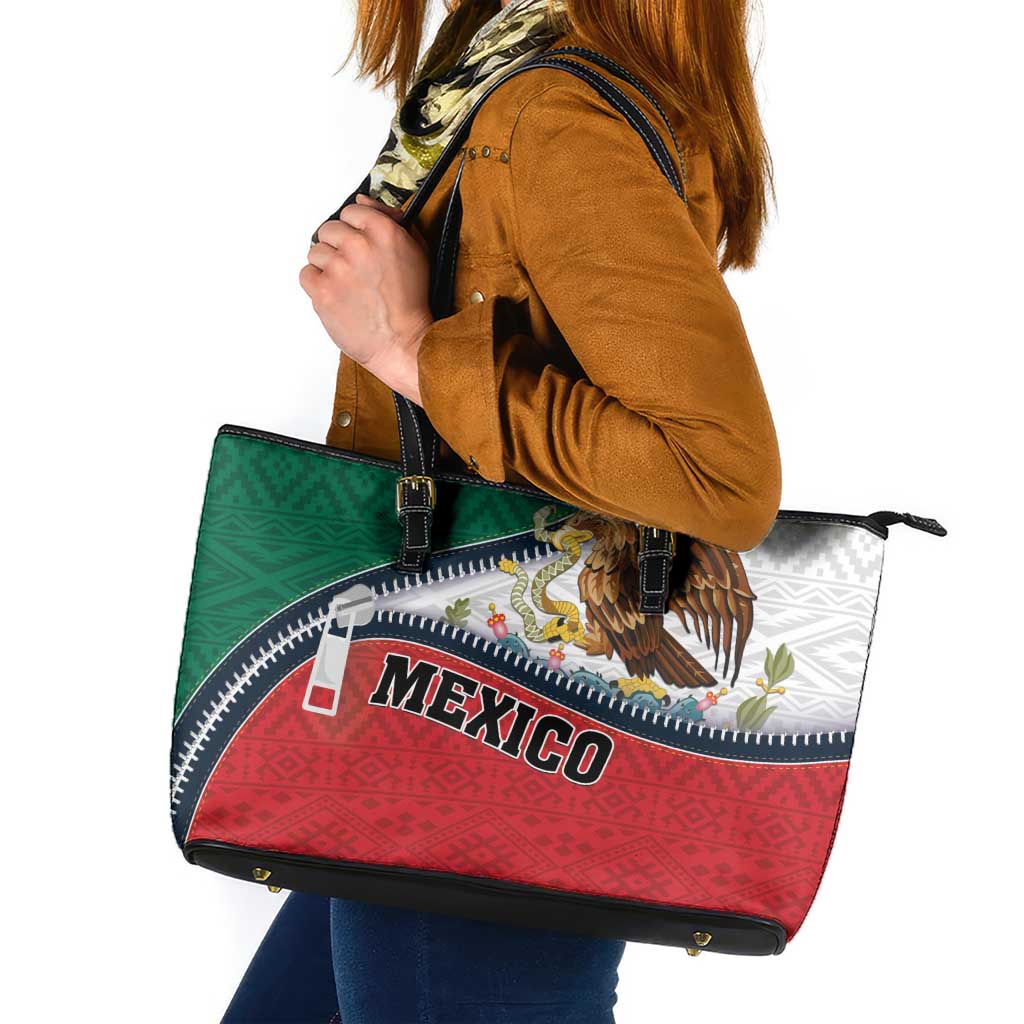 Mexico Flag Day Leather Tote Bag Mexican Coat Of Arms Zipper Stylized