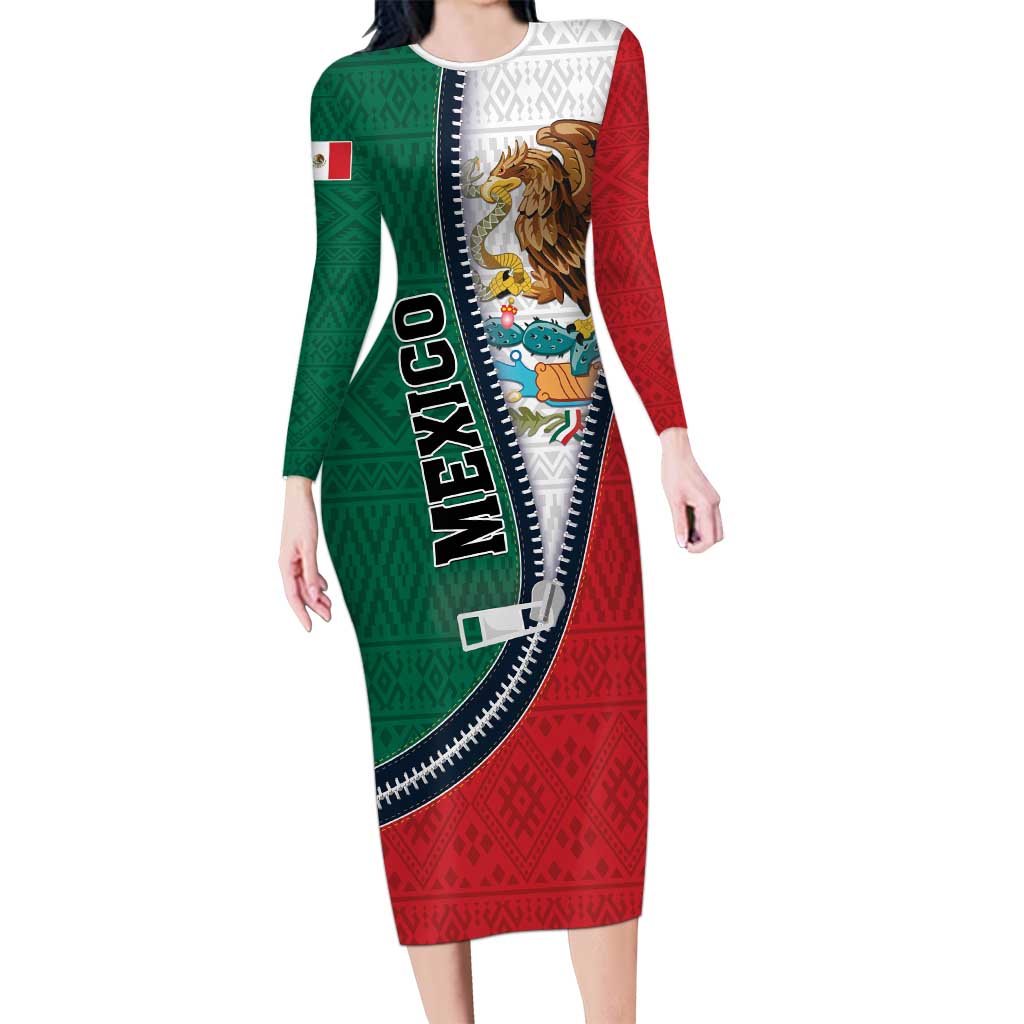 Personalized Mexico Flag Day Long Sleeve Bodycon Dress Mexican Coat Of Arms Zipper Stylized