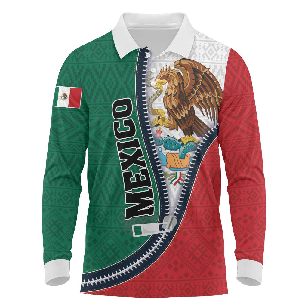 Personalized Mexico Flag Day Long Sleeve Polo Shirt Mexican Coat Of Arms Zipper Stylized