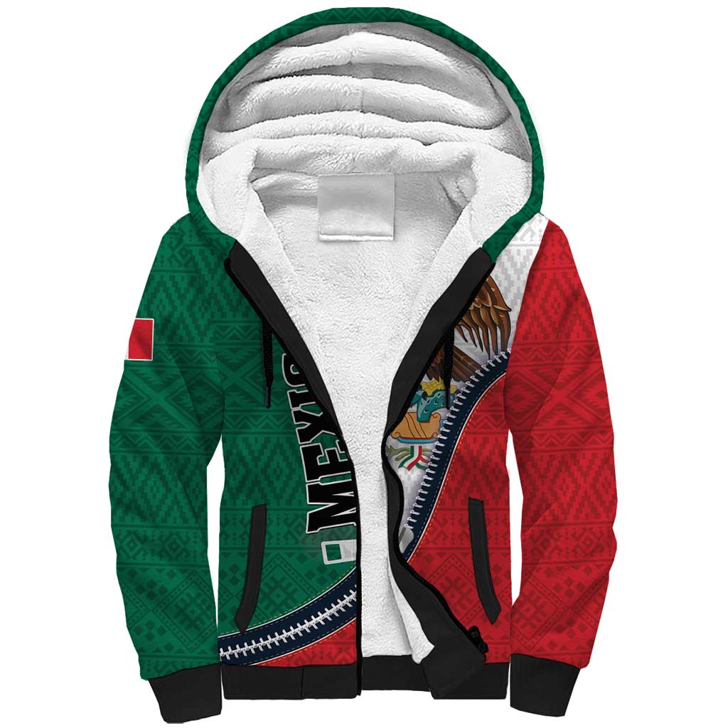 Personalized Mexico Flag Day Sherpa Hoodie Mexican Coat Of Arms Zipper Stylized