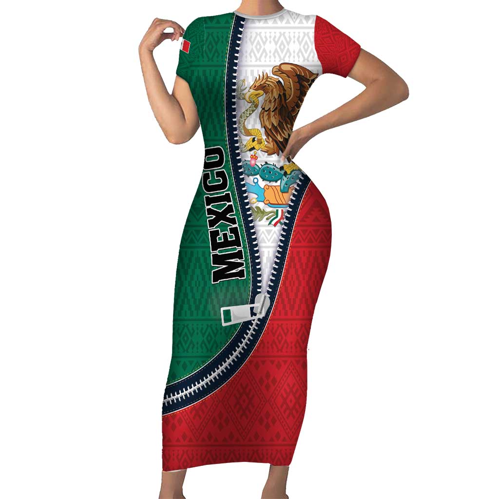 Personalized Mexico Flag Day Short Sleeve Bodycon Dress Mexican Coat Of Arms Zipper Stylized