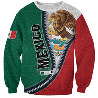 Zip-front sweatshirt with Mexico lettering, eagle crest, green/red geometric panels