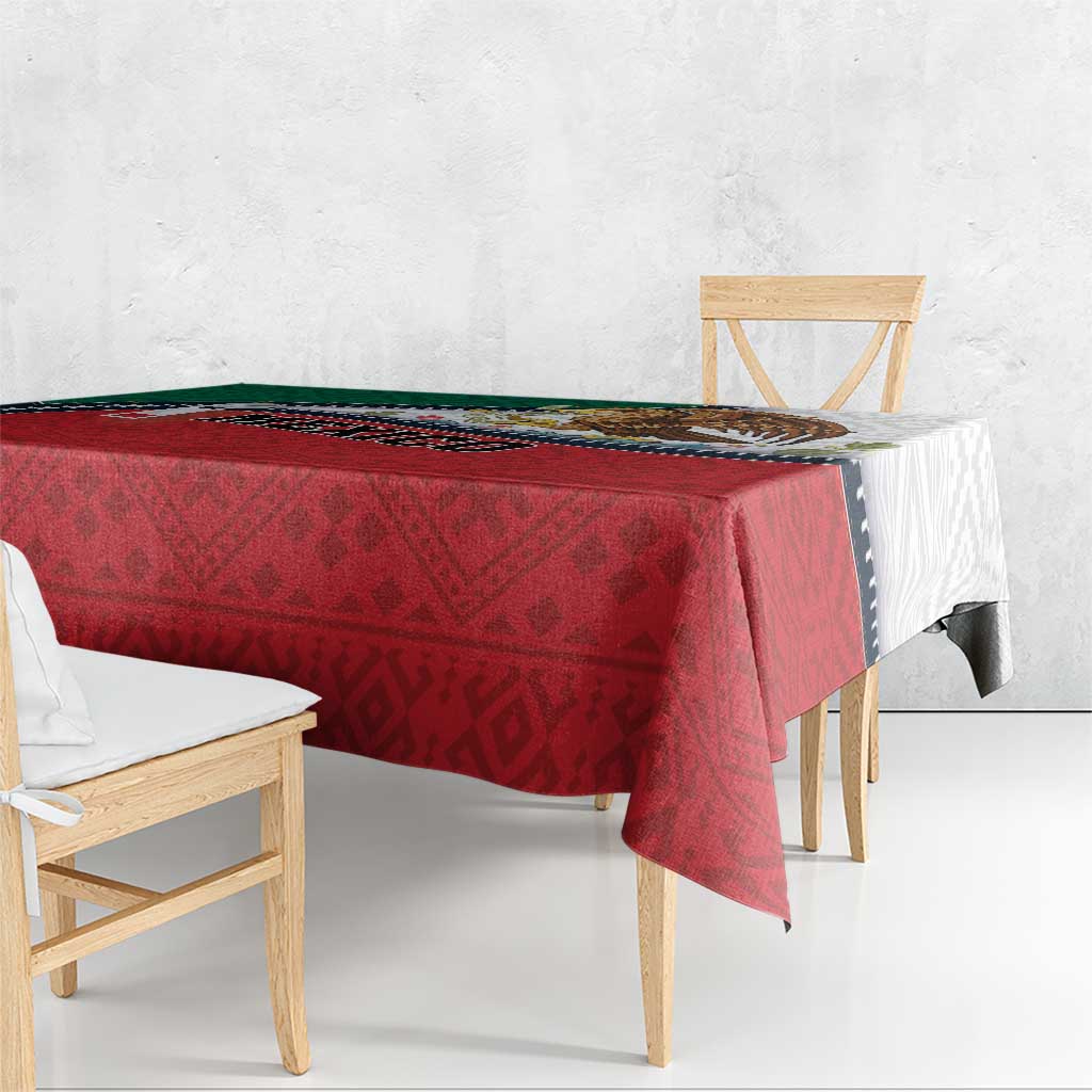 Mexico-themed tablecloth in red with diamond pattern and white border, draped over table