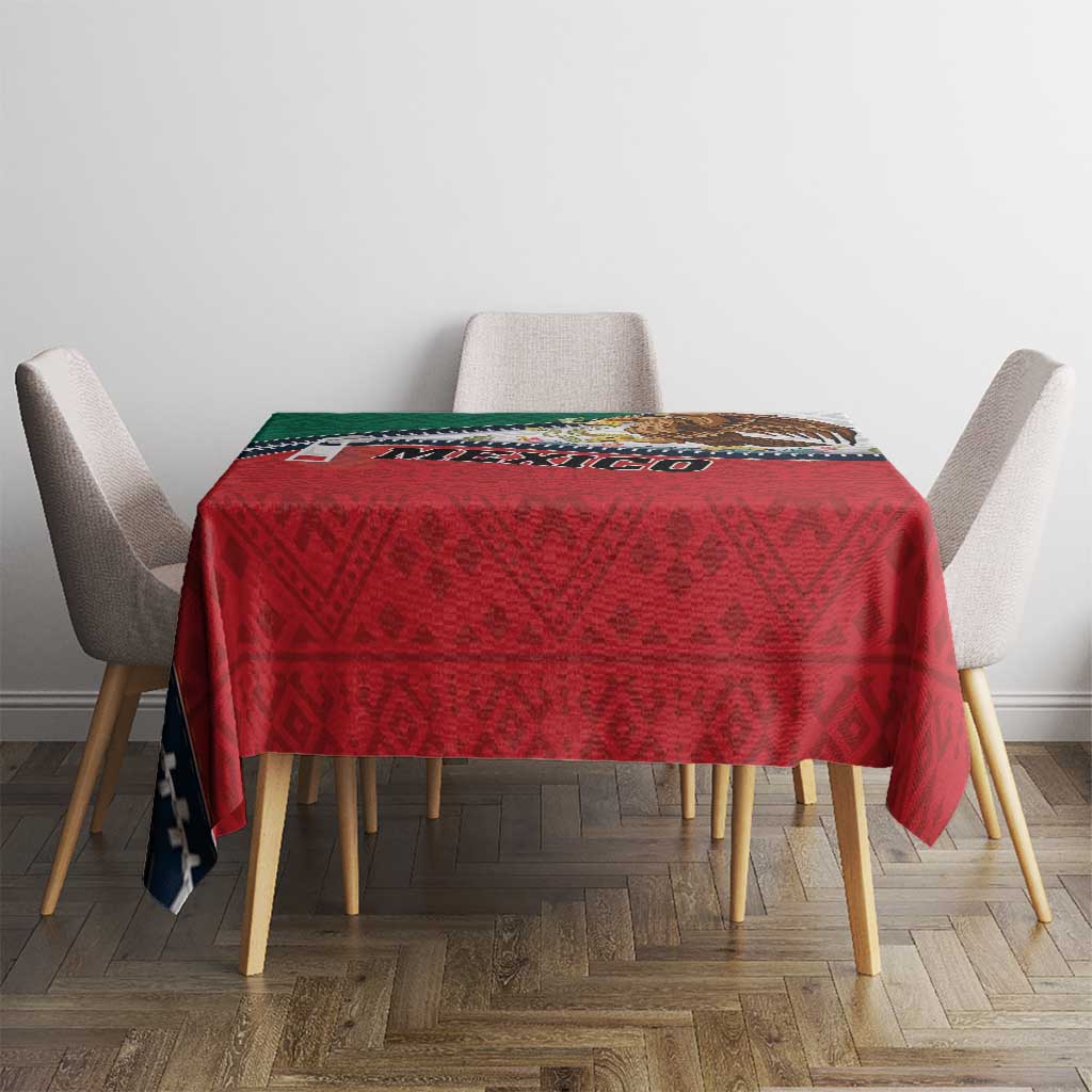 Red Mexico-themed tablecloth with patterned design and dark blue border on dining table