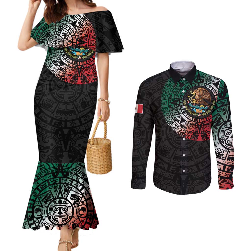 Mexican Aztec Circle Couples Matching Mermaid Dress and Long Sleeve Button Shirt Flag Color Unique Style