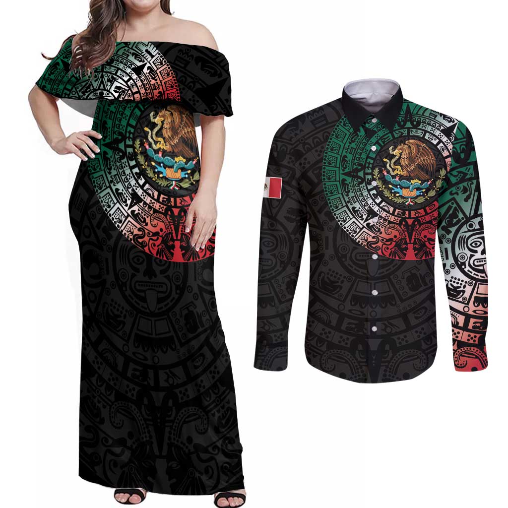 Mexican Aztec Circle Couples Matching Off Shoulder Maxi Dress and Long Sleeve Button Shirt Flag Color Unique Style