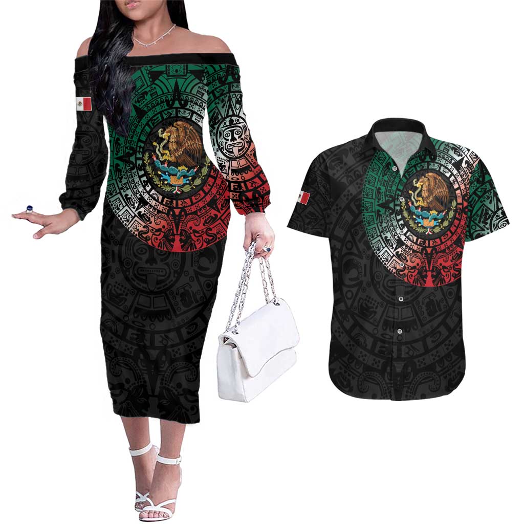 Mexican Aztec Circle Couples Matching Off The Shoulder Long Sleeve Dress and Hawaiian Shirt Flag Color Unique Style