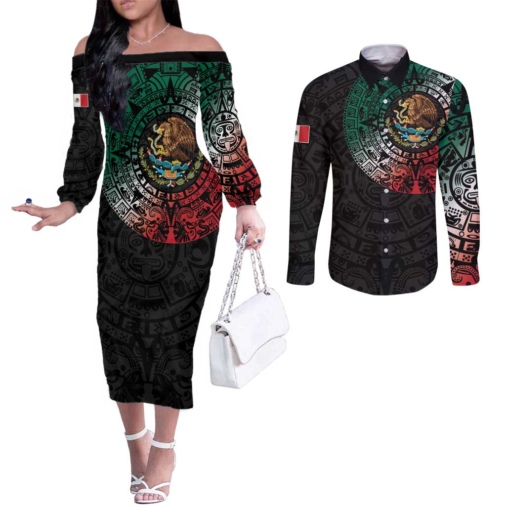 Mexican Aztec Circle Couples Matching Off The Shoulder Long Sleeve Dress and Long Sleeve Button Shirt Flag Color Unique Style