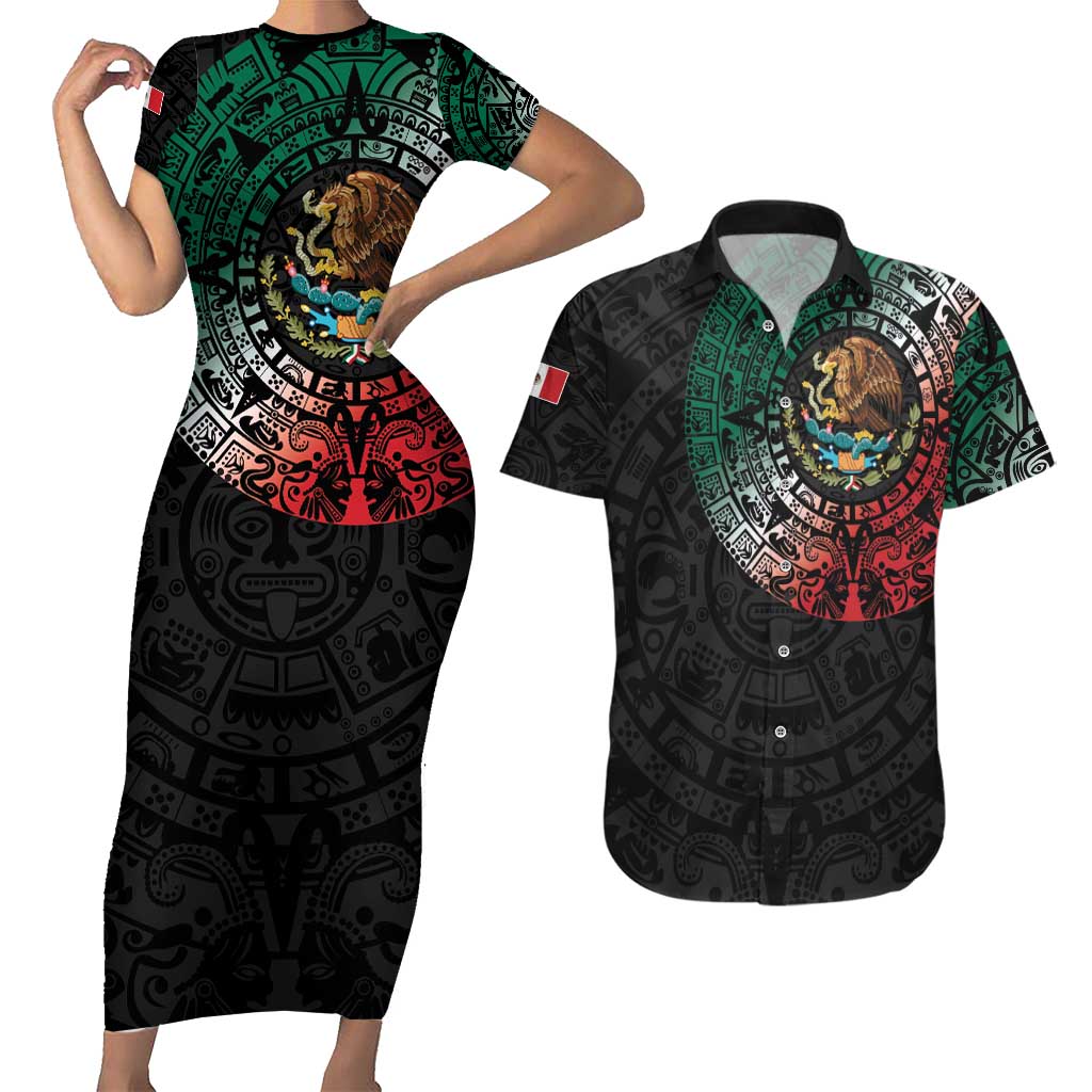 Mexican Aztec Circle Couples Matching Short Sleeve Bodycon Dress and Hawaiian Shirt Flag Color Unique Style