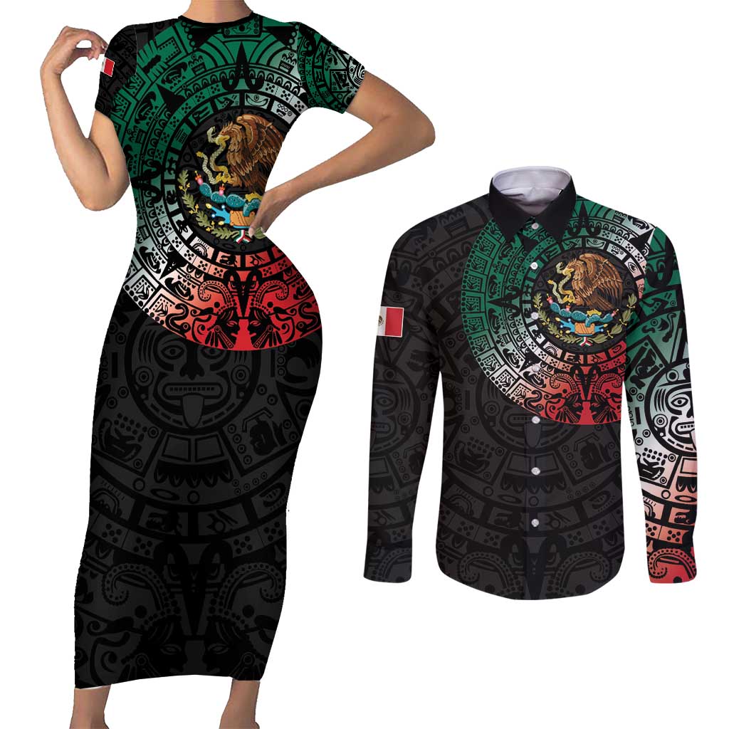 Mexican Aztec Circle Couples Matching Short Sleeve Bodycon Dress and Long Sleeve Button Shirt Flag Color Unique Style