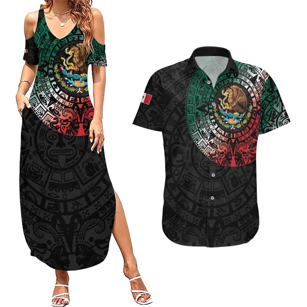 Mexican Aztec Circle Couples Matching Summer Maxi Dress and Hawaiian Shirt Flag Color Unique Style