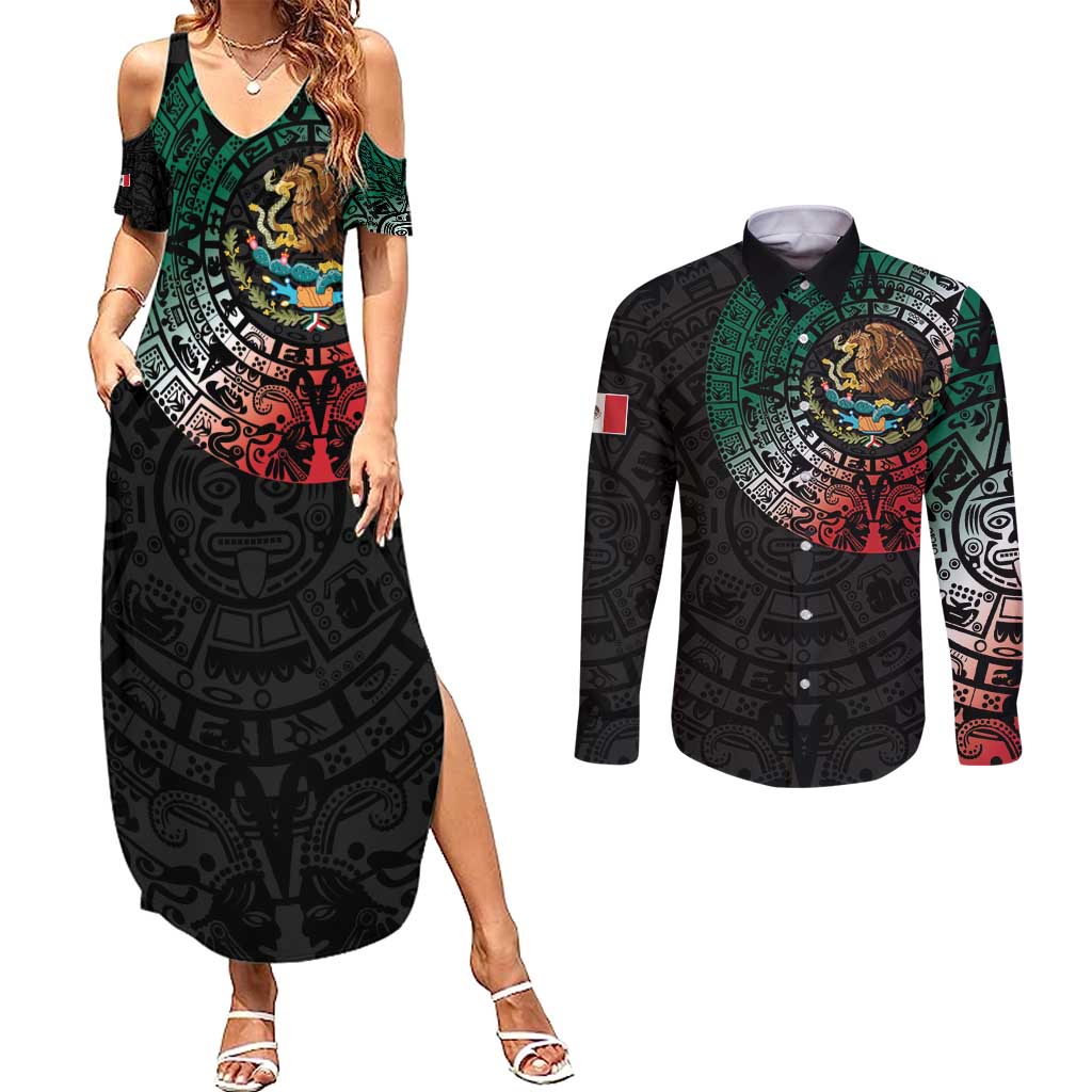 Mexican Aztec Circle Couples Matching Summer Maxi Dress and Long Sleeve Button Shirt Flag Color Unique Style