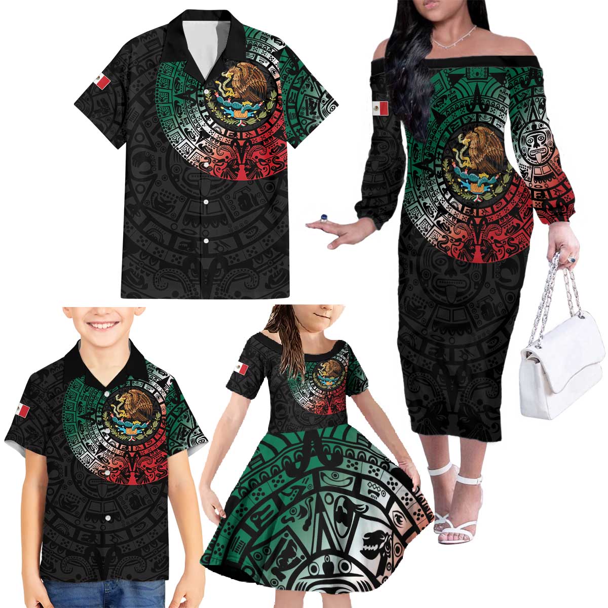 Mexican Aztec Circle Family Matching Off The Shoulder Long Sleeve Dress and Hawaiian Shirt Flag Color Unique Style