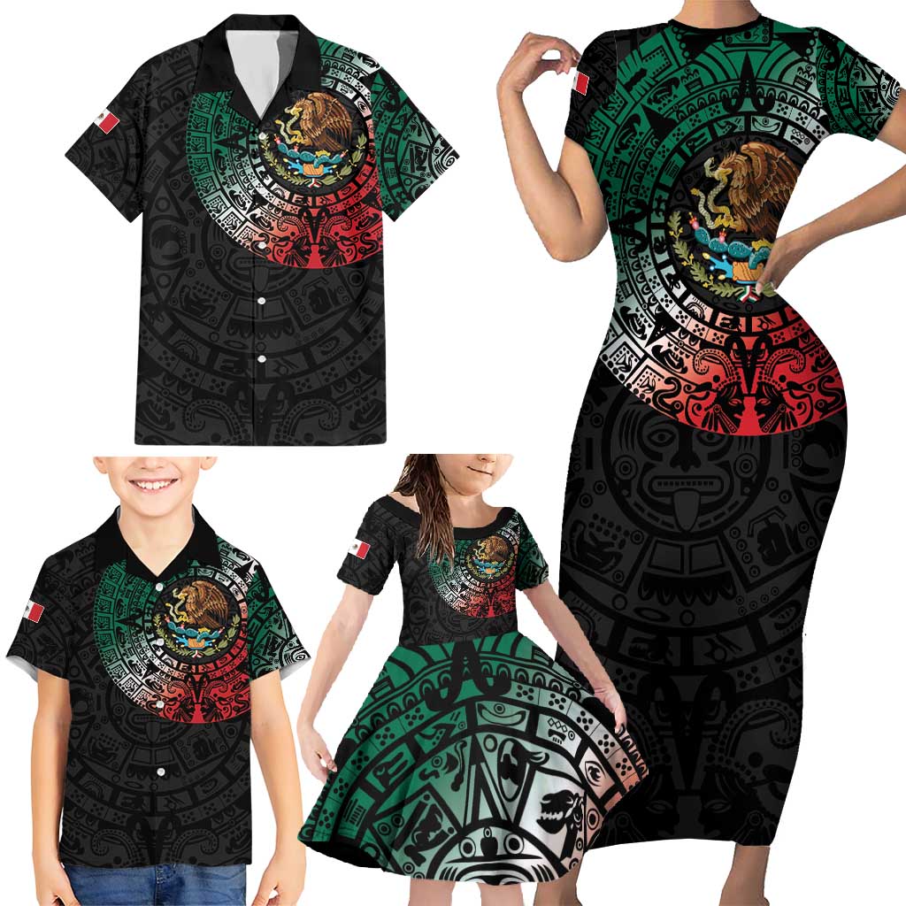 Mexican Aztec Circle Family Matching Short Sleeve Bodycon Dress and Hawaiian Shirt Flag Color Unique Style