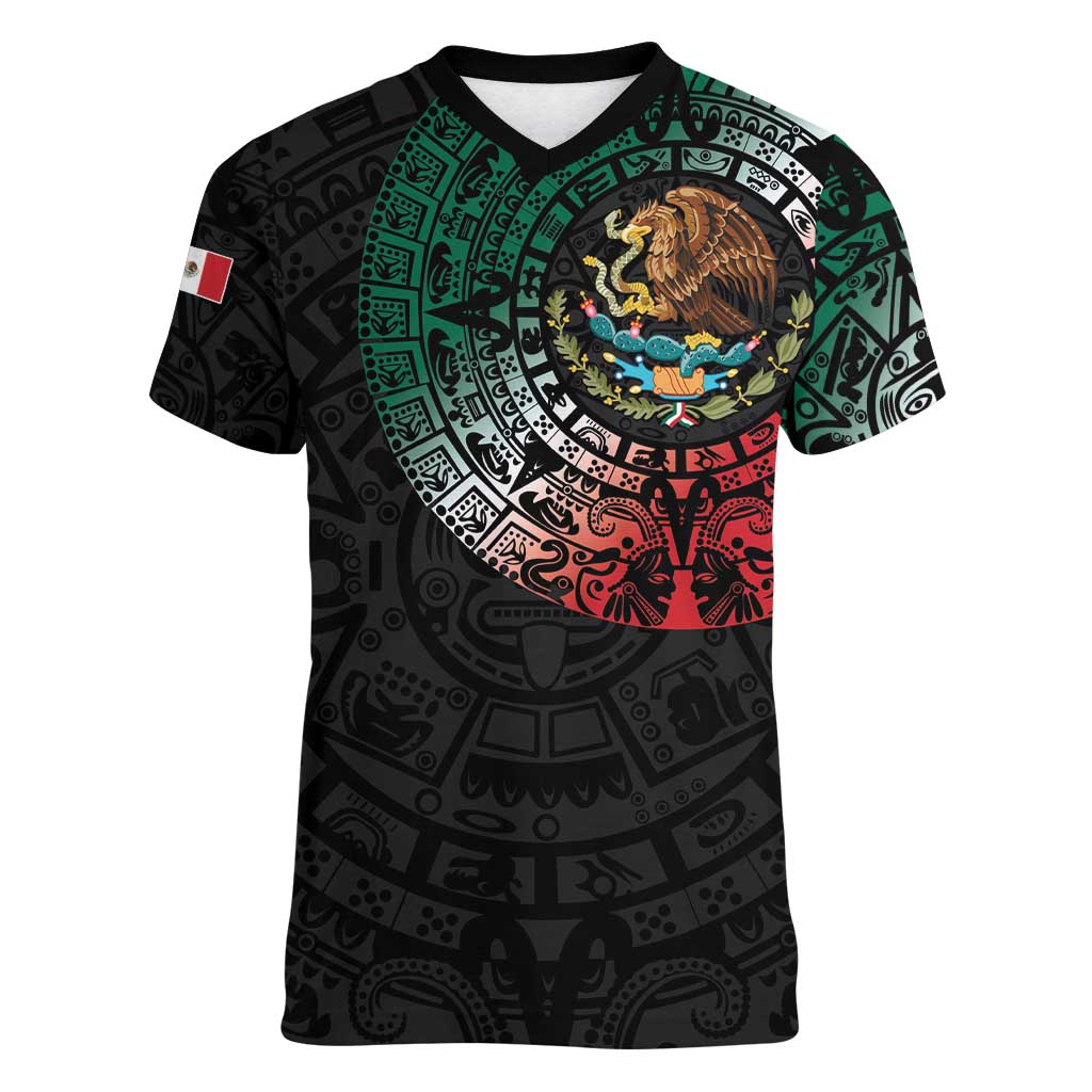 Mexican Aztec Circle Women V-Neck T-Shirt Flag Color Unique Style