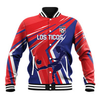 Red and navy varsity soccer baseball jacket with white striped sleeves and Los Ticos graphic