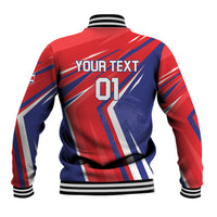 Red and navy back view soccer baseball jacket with striped pattern, 01 and your text print