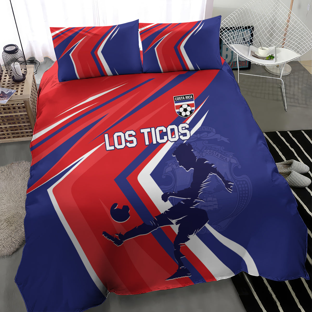 Soccer bedding set with blue and red duvet featuring player graphic and two matching pillows