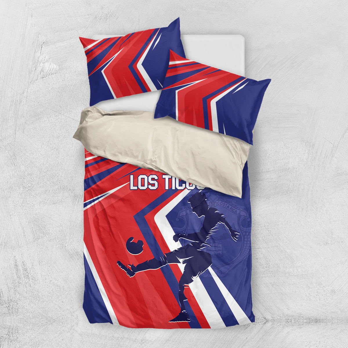 Soccer bedding set with duvet and two pillows in blue, red, and white with 'LOS TICOS'