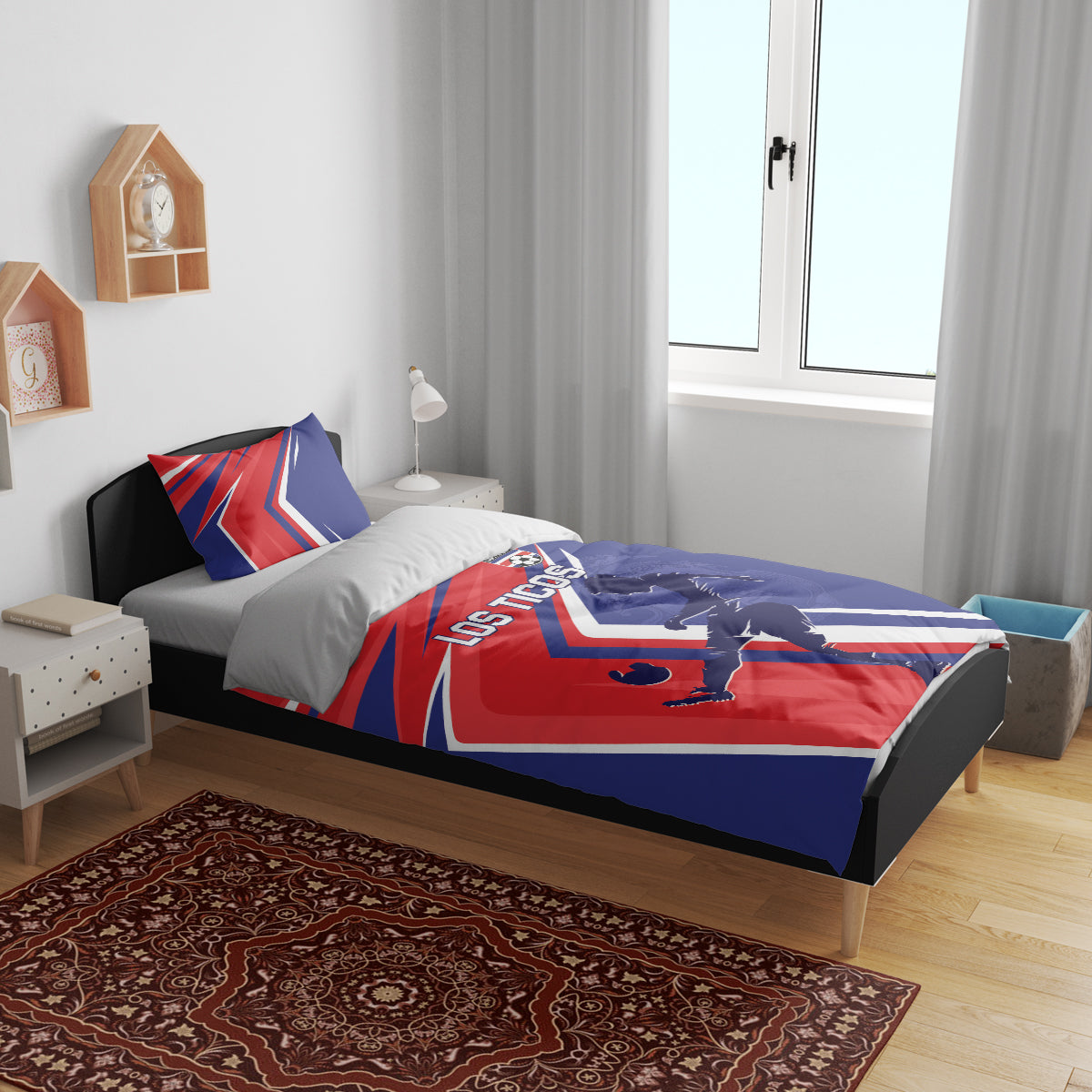 Soccer bedding set: blue and red duvet with player silhouette graphic and two matching pillows