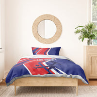 Soccer bedding set with blue and red duvet, 'LOS TICOS' text, and two matching pillows