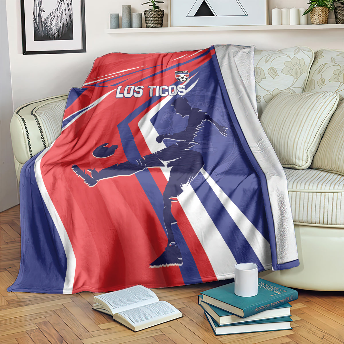 Costa Rica soccer blanket, red/blue with 'Los Ticos' text and player silhouettes