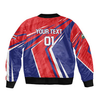 Red, blue striped soccer bomber jacket, ribbed collar and cuffs, back print with 01