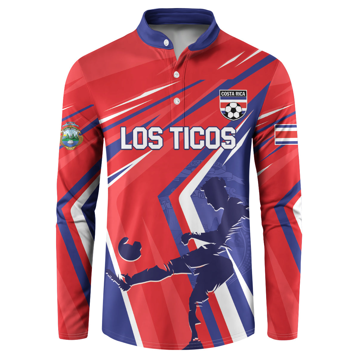 Red and navy Costa Rica soccer button sweatshirt with Los Ticos chest graphic and crest
