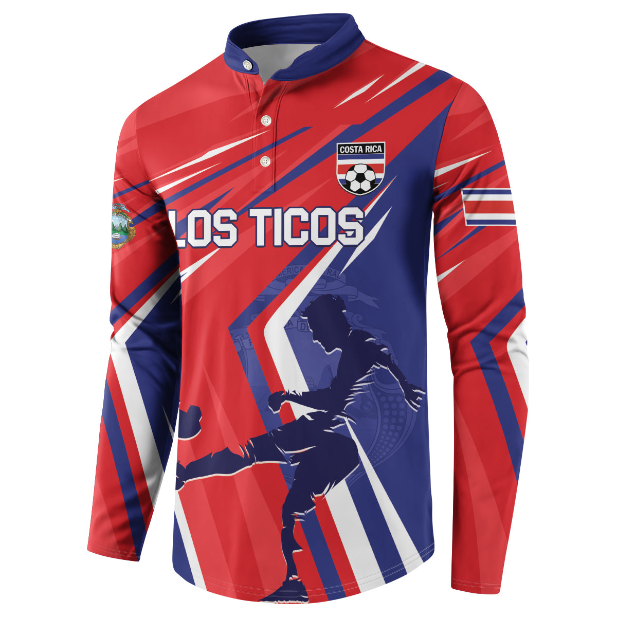 Red and navy Costa Rica soccer button sweatshirt with Los Ticos logo and crest on chest