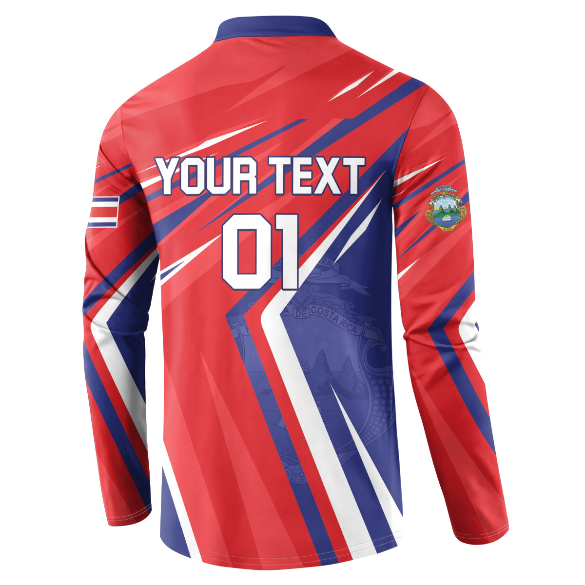 Back view red and navy soccer button sweatshirt with YOUR TEXT and number 01 design