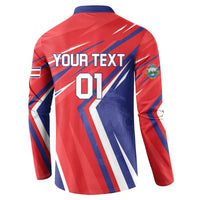 Back view red and navy soccer button sweatshirt with YOUR TEXT and number 01 design