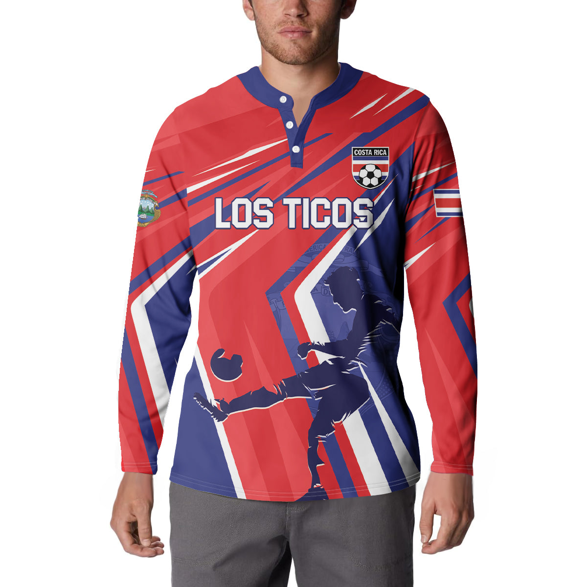 Red and navy Costa Rica soccer button sweatshirt with Los Ticos chest graphic and crest