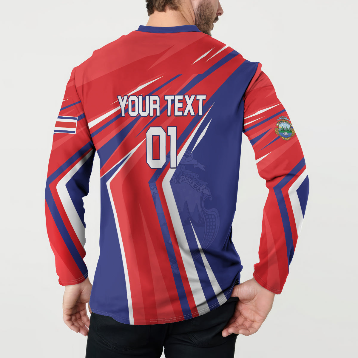 Red and navy personalized soccer button sweatshirt back with YOUR TEXT and number 01 design