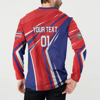 Red and navy personalized soccer button sweatshirt back with YOUR TEXT and number 01 design