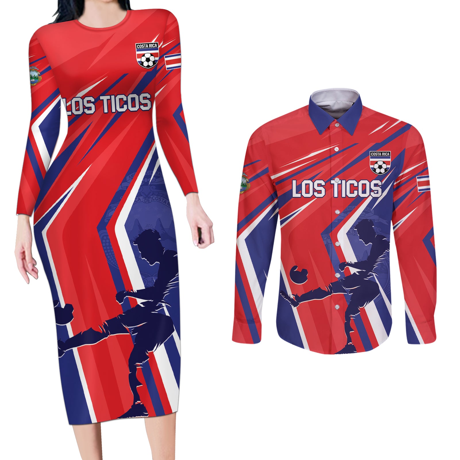 Personalized Costa Rica 2024 Soccer Couples Matching Long Sleeve Bodycon Dress and Long Sleeve Button Shirt Come On Los Ticos - Wonder Print Shop