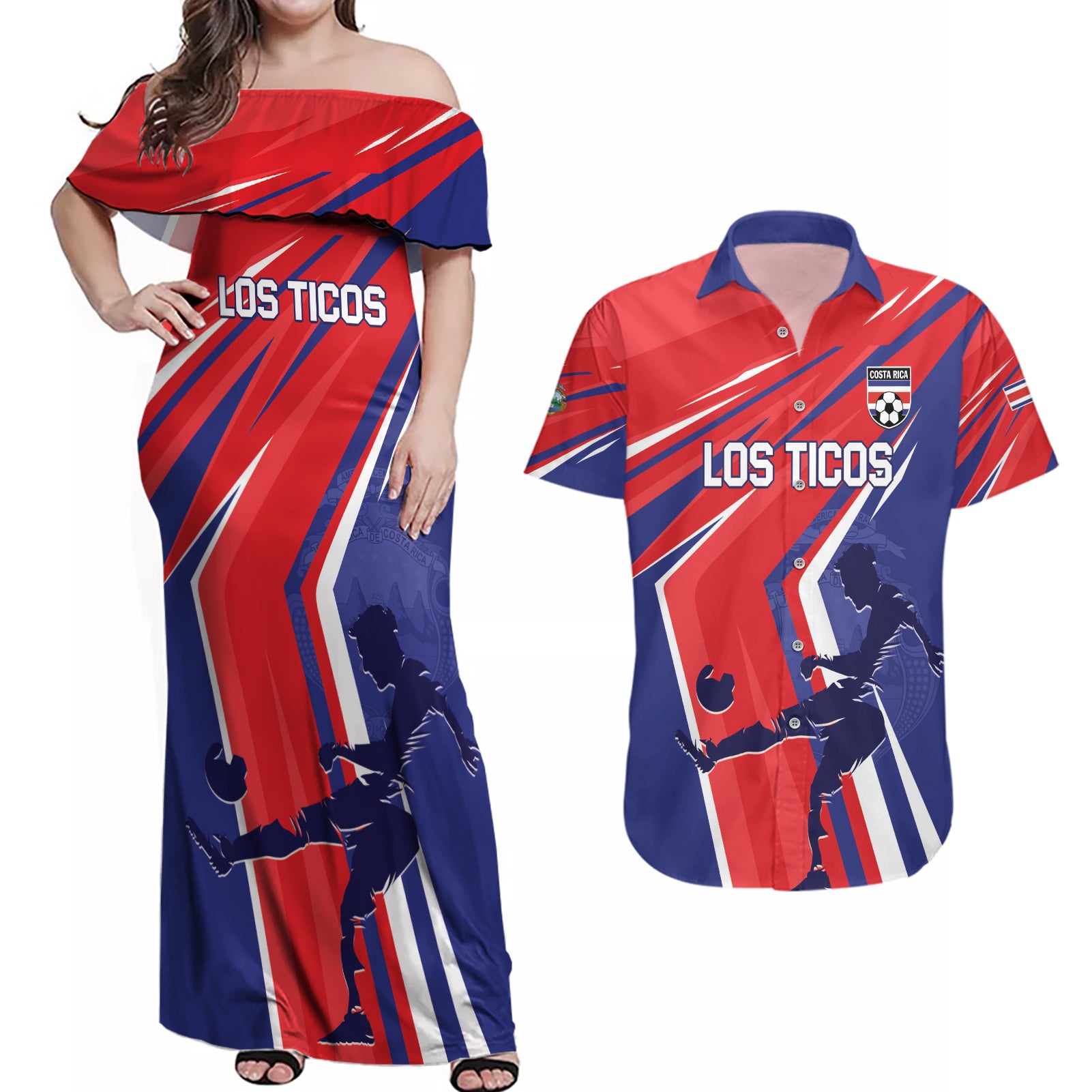 Personalized Costa Rica 2024 Soccer Couples Matching Off Shoulder Maxi Dress and Hawaiian Shirt Come On Los Ticos - Wonder Print Shop