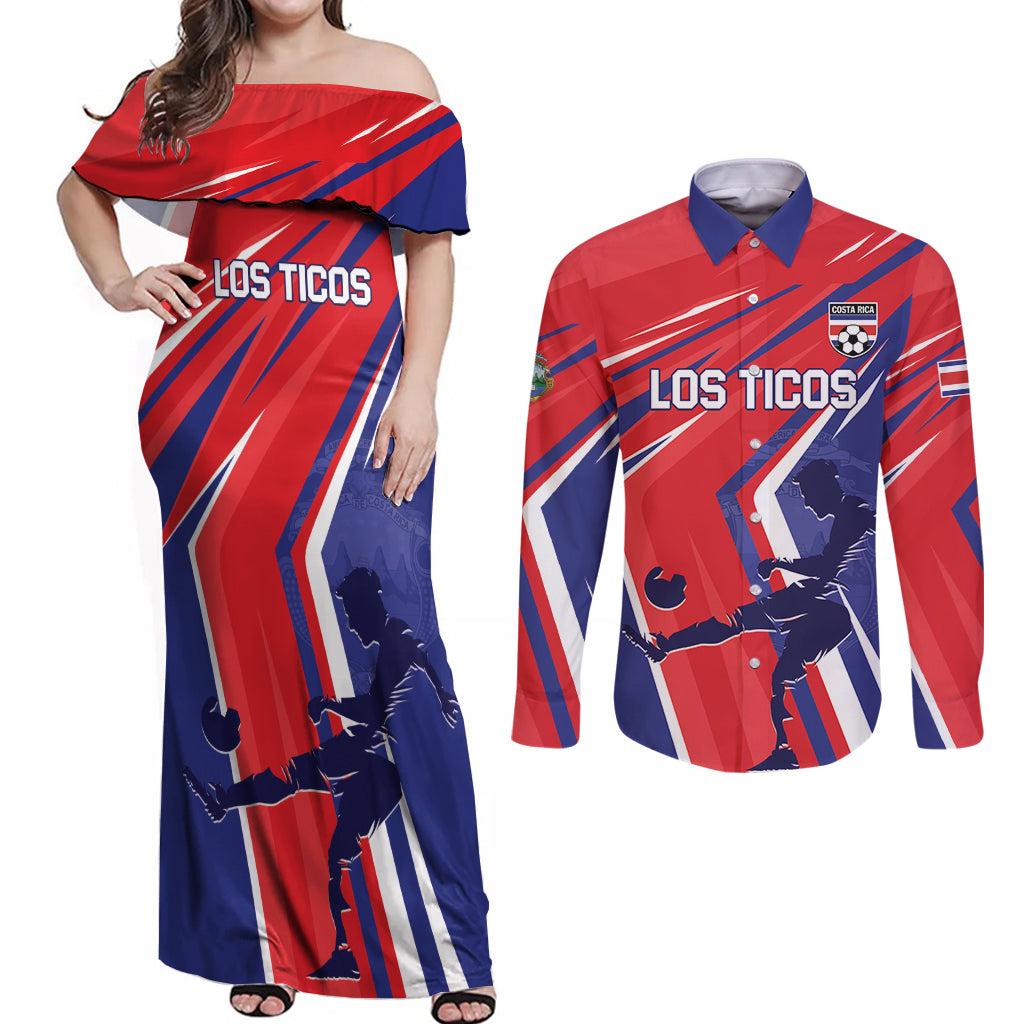 Personalized Costa Rica 2024 Soccer Couples Matching Off Shoulder Maxi Dress and Long Sleeve Button Shirt Come On Los Ticos - Wonder Print Shop