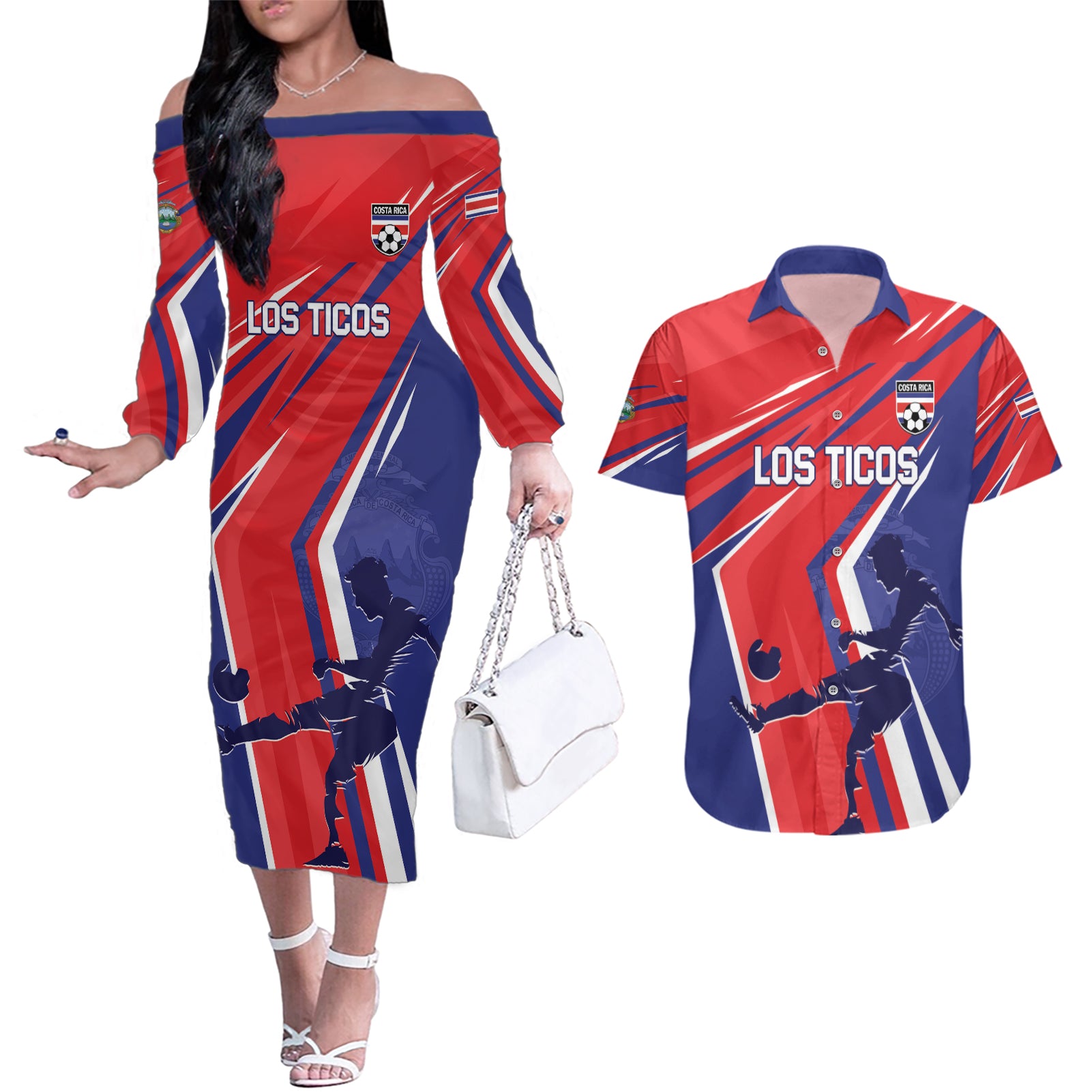 Personalized Costa Rica 2024 Soccer Couples Matching Off The Shoulder Long Sleeve Dress and Hawaiian Shirt Come On Los Ticos - Wonder Print Shop