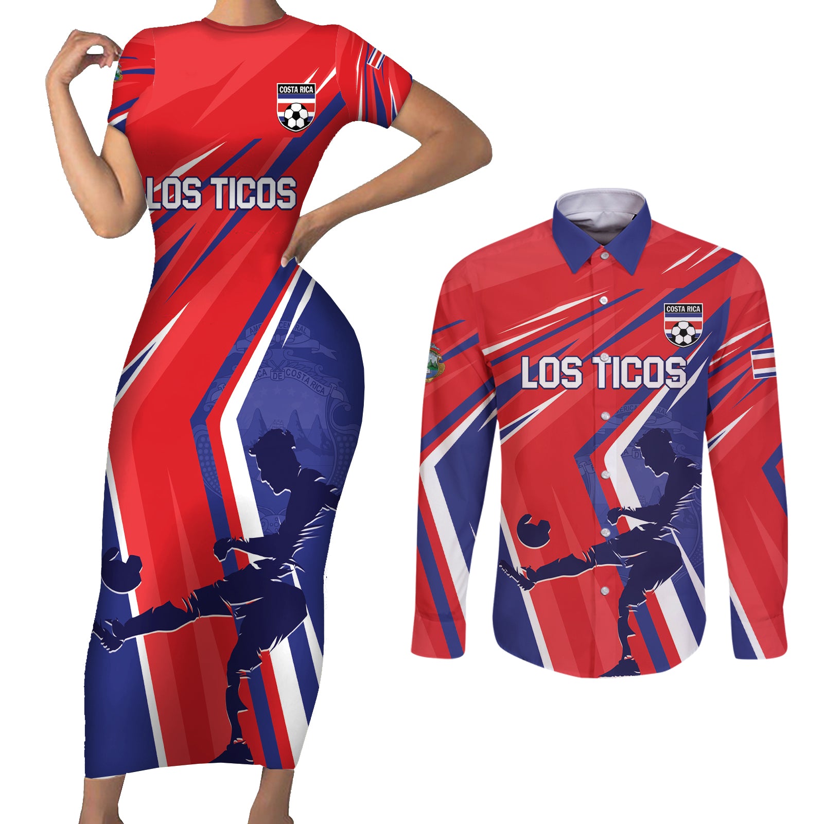 Personalized Costa Rica 2024 Soccer Couples Matching Short Sleeve Bodycon Dress and Long Sleeve Button Shirt Come On Los Ticos - Wonder Print Shop