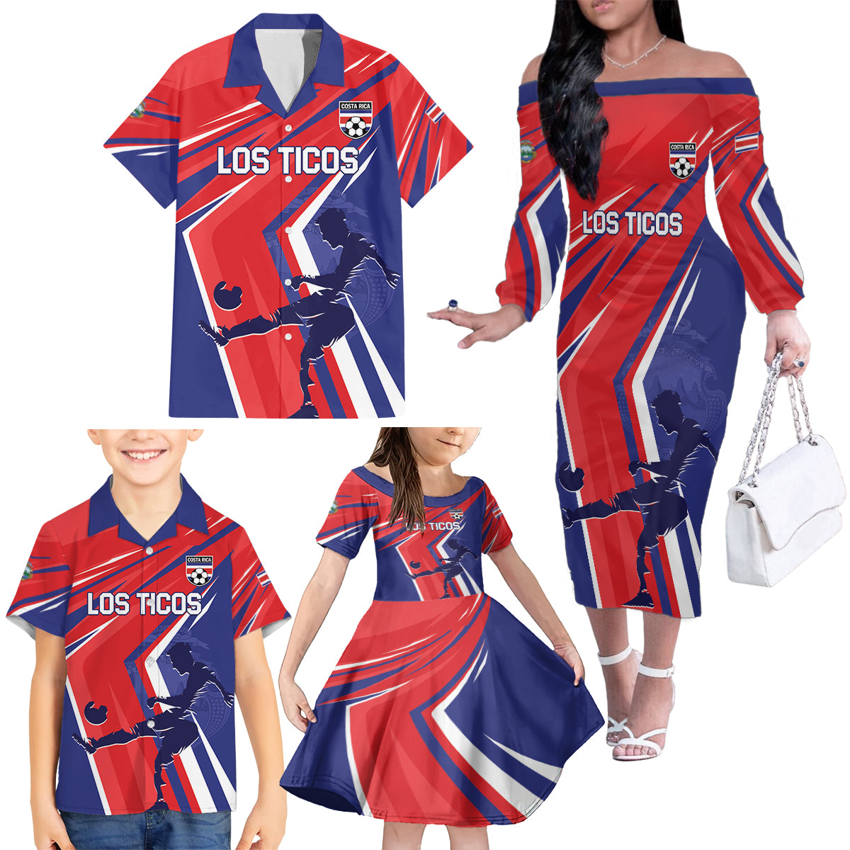 Personalized Costa Rica 2024 Soccer Family Matching Off The Shoulder Long Sleeve Dress and Hawaiian Shirt Come On Los Ticos - Wonder Print Shop