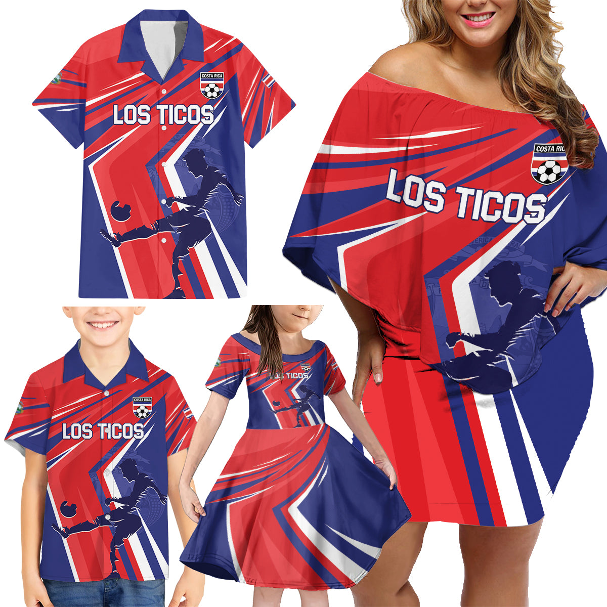 Personalized Costa Rica 2024 Soccer Family Matching Off Shoulder Short Dress and Hawaiian Shirt Come On Los Ticos - Wonder Print Shop