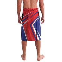 Red and blue geometric soccer lavalava with elastic waistband