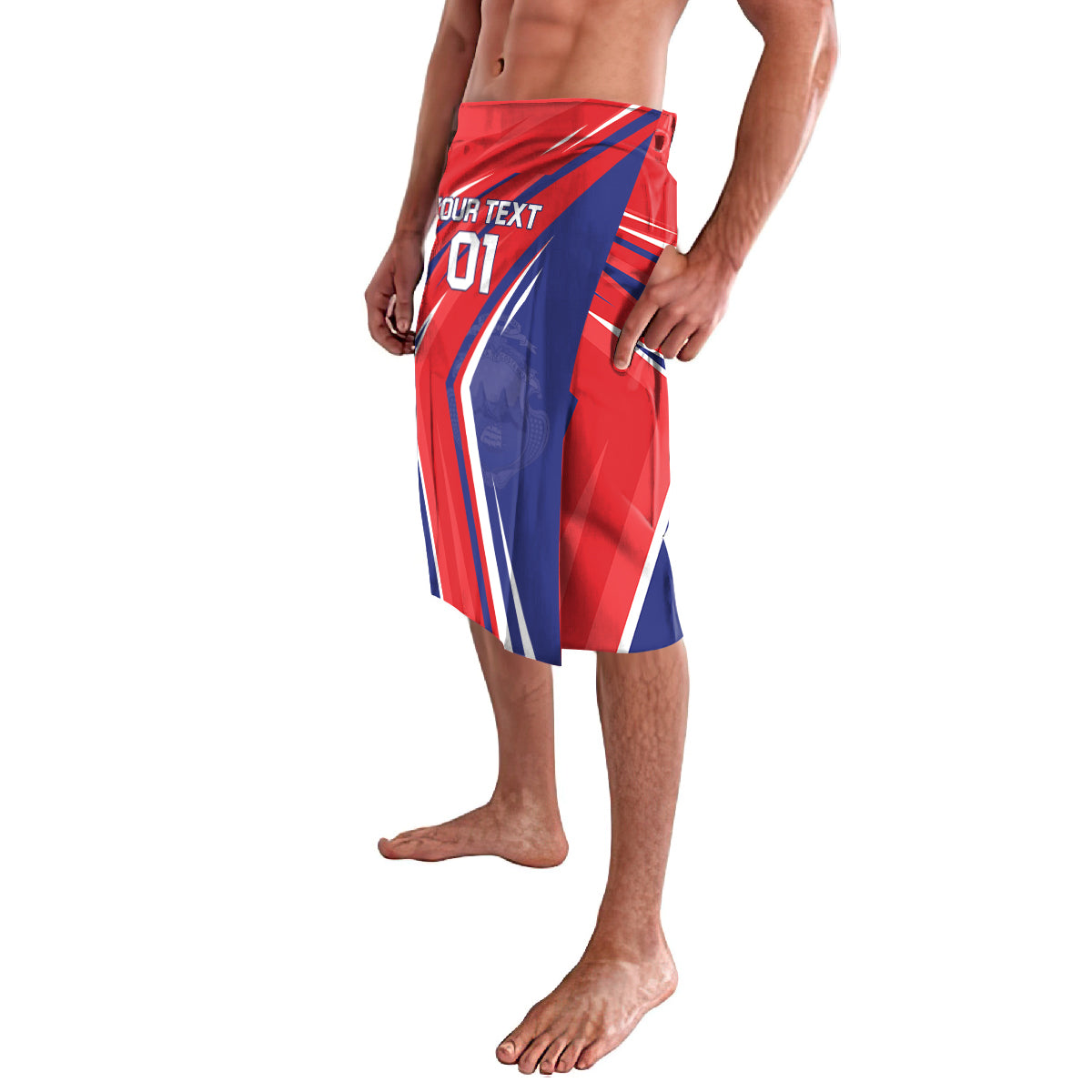 Red/blue soccer lavalava with YOUR TEXT 01 diagonal panel design