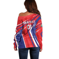 Women’s off-shoulder soccer sweater with red/blue back print: YOUR TEXT 01