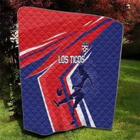 Red and blue quilt blanket close view, quilted soccer graphic with Los Ticos