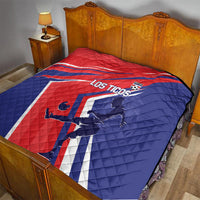 Red and blue quilt blanket on bed, Los Ticos soccer player design