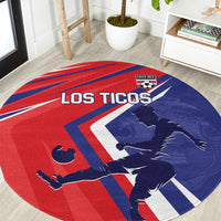 Red and blue round soccer carpet with 'Los Ticos' logo and Costa Rica crest, map design