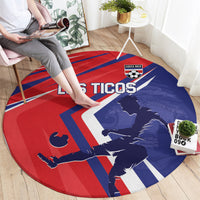 Red round soccer carpet with Costa Rica crest and 'Los Ticos' text, blue map and stripes