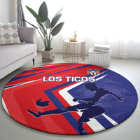 Red and blue round Los Ticos soccer carpet with crest and player graphic
