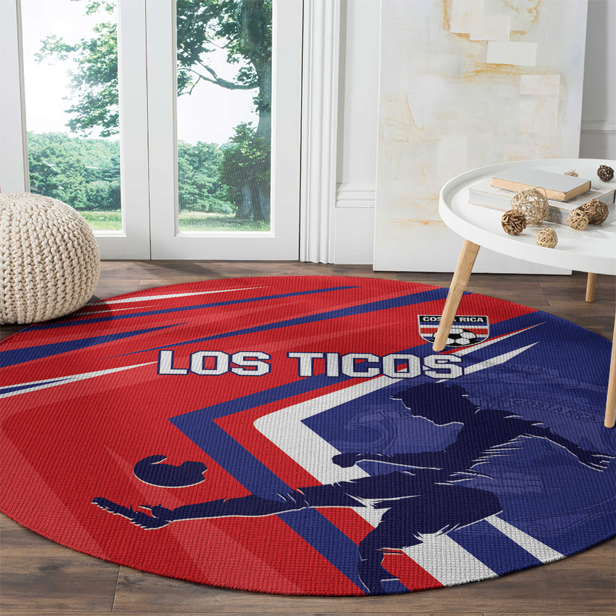 Red and blue round Los Ticos soccer carpet with Costa Rica crest and map silhouette